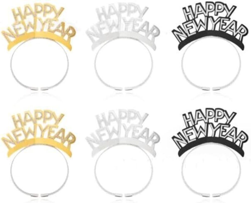 7015 12pcs Happy New Year Headband Tiara Black Gold Silver 2026 New Years